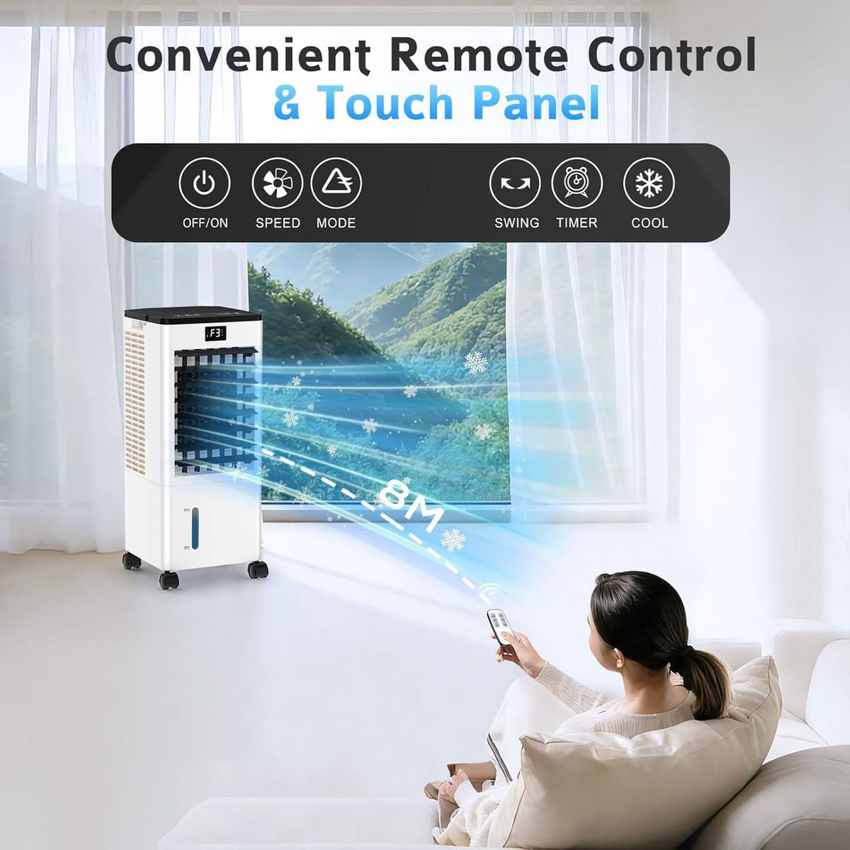 Aire Acondicionado Portátil sin Tubo, Enfriador de Aire Grande 4 en 1, 4 Modos 3 Velocidades, Climatizador Evaporativo 60W, Temporizadores de 1-12 H,