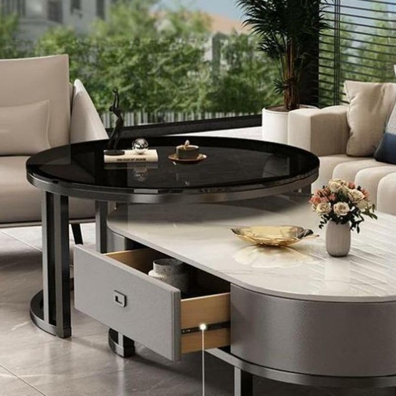 Ovaler Couchtisch aus Stein, 2er-Set, Wohnzimmer-Mitteltisch mit Schublade, Beistelltisch aus Glas, Schwarz/Grau – Grau, (99,9 cm L x 49,9 cm B x 40,6