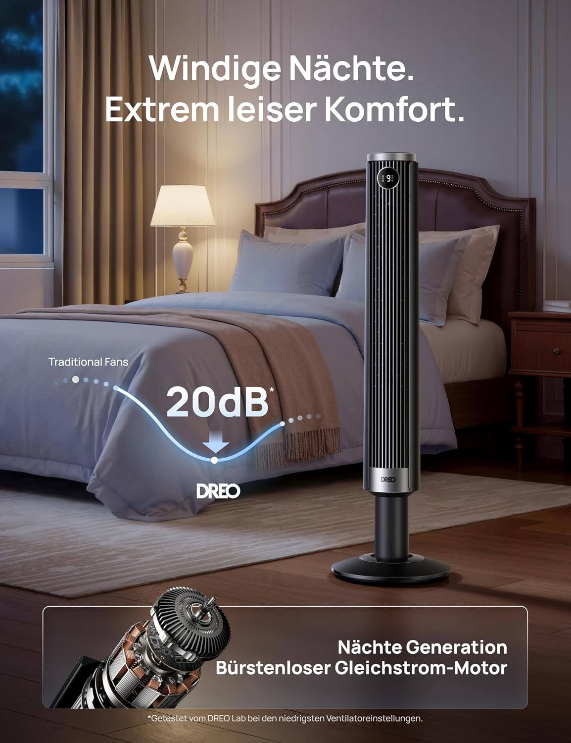DREO Smart 102–114cm Turmventilator fürs Schlafzimmer, Höhenverstellbar, 8.4m/s, DC-Motor, 9 Stufen, 4 Modi, 90°-Oszillation, Standventilator, 20dB