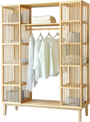 View [en.casa] Armario para Ropa con 2 Puertas Deslizantes Clóset con 12 Estantes y 1 Barra de Colgar Perchero de Bambú 185 x 140 x 45 cm Natural image 1