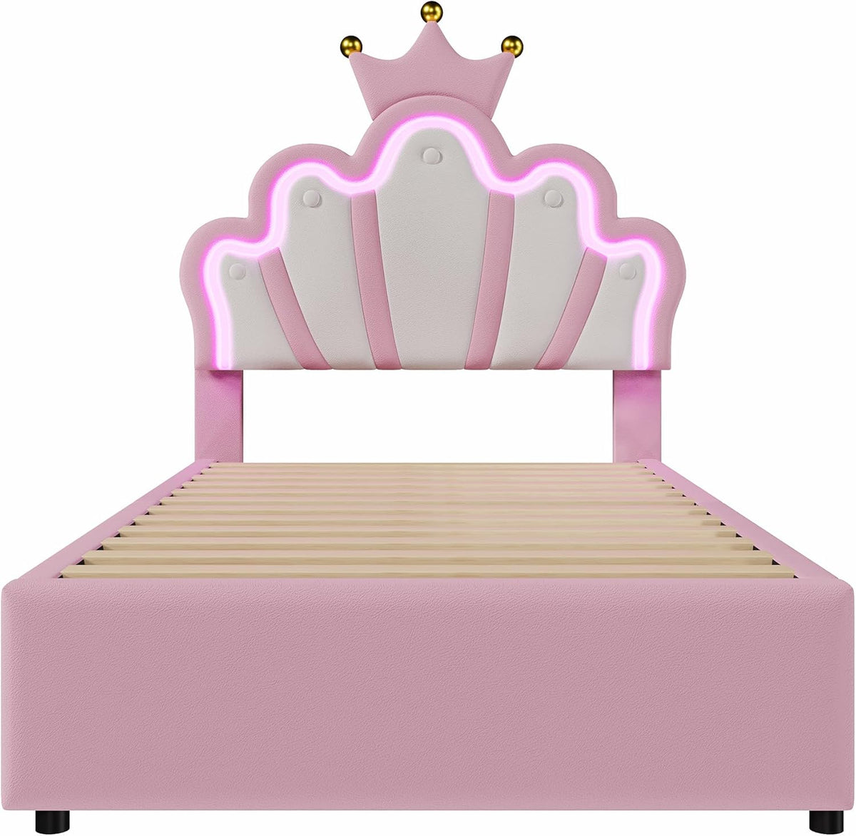 Kinderbett Polsterbett 90x200, Kronenförmiges Prinzessinnenbett, Einzelbett mit LED und 2 Schubladen, Bettgestell für Mädchen, mit Verstellbares