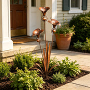 View Flamed Copper Three Calla Lilies Garden Stake with Bells, 28" Handcrafted Outdoor Yard Art image 1
