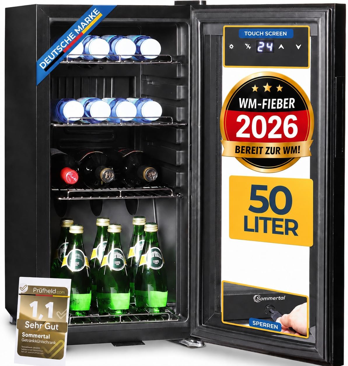 Sommertal Getränkekühlschrank 50L – Mini Kühlschrank schwarz mit Glastür, Touchscreen & LED | Kleiner Flaschenkühlschrank abschließbar & leise für