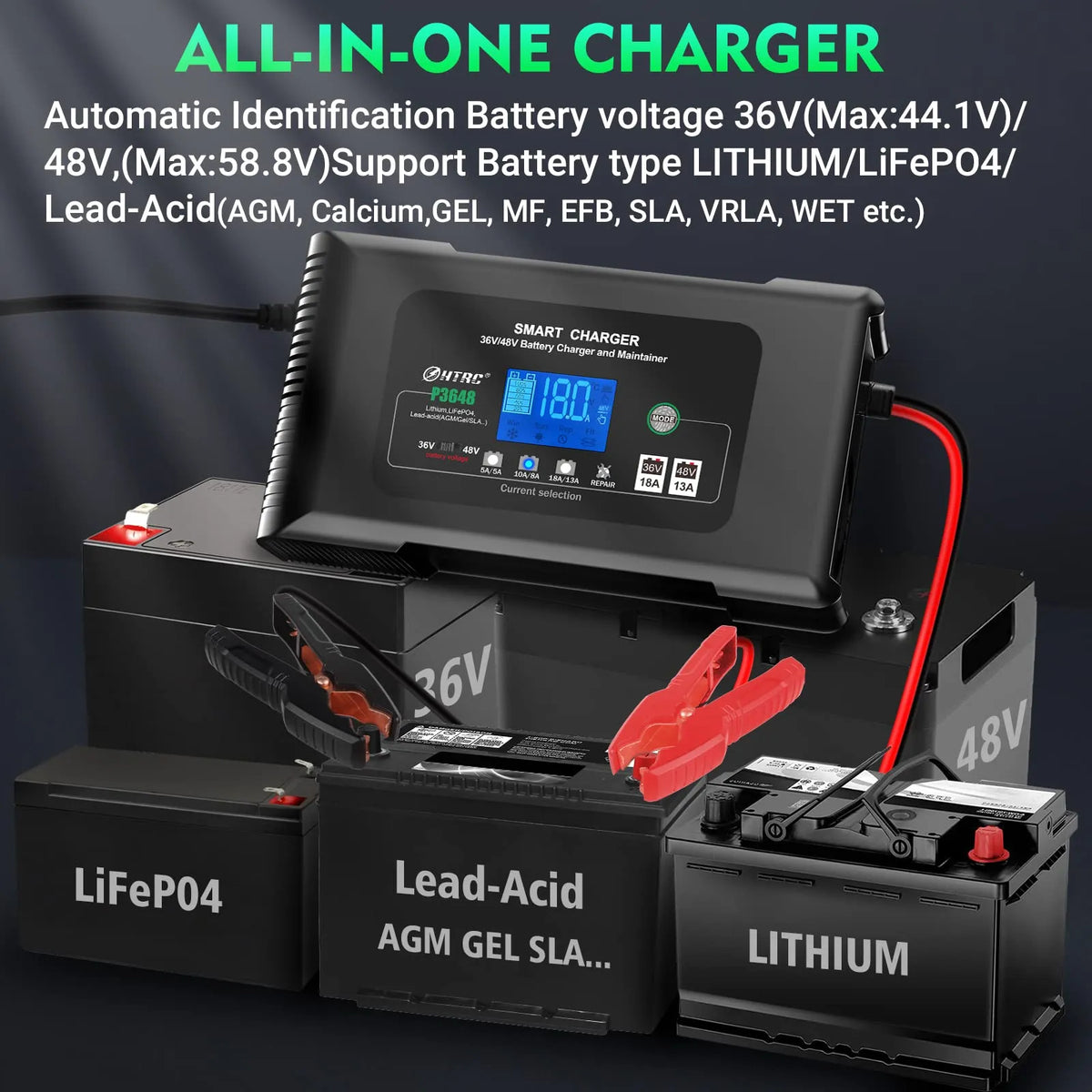 36 Volt Golf cart Charger 18-Amp Smart Charger, Car Battery Charger,Trickle Charger,36V,18-Amp and 48V,13-Amp,Lithium,LiFePO4,Lead-Acid AGM/Gel/