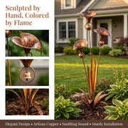View Flamed Copper Three Calla Lilies Garden Stake with Bells, 28" Handcrafted Outdoor Yard Art image 5