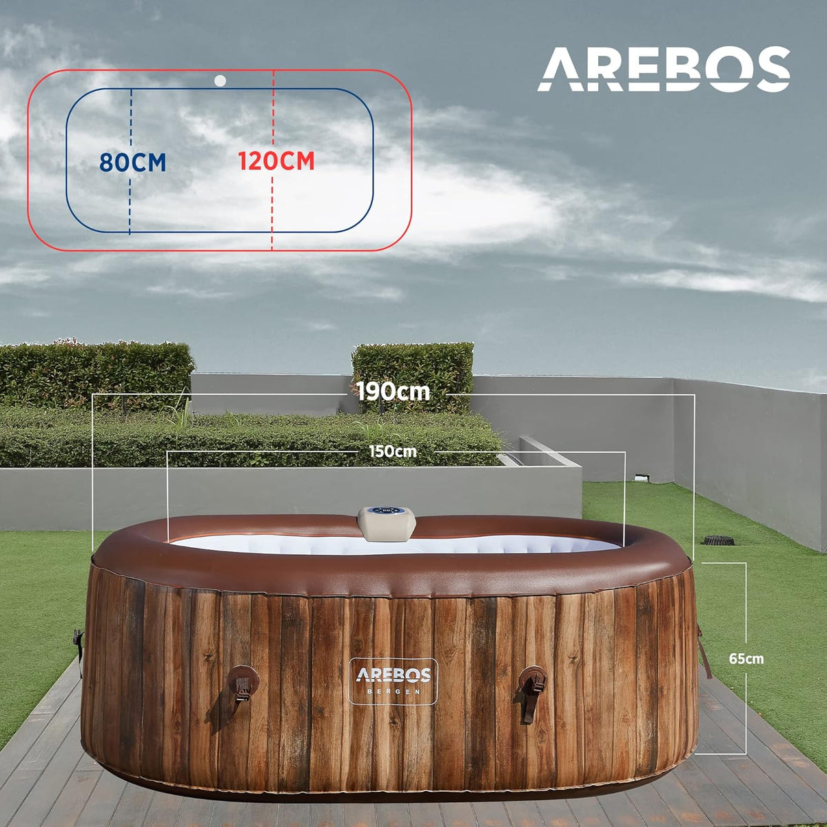 Arebos Whirlpool | Aufblasbar | In- & Outdoor | 190x120 cm oval | 2 Personen | 90 Massagedüsen | mit Heizung | 550 Liter | Inkl. Abdeckung | Bubble