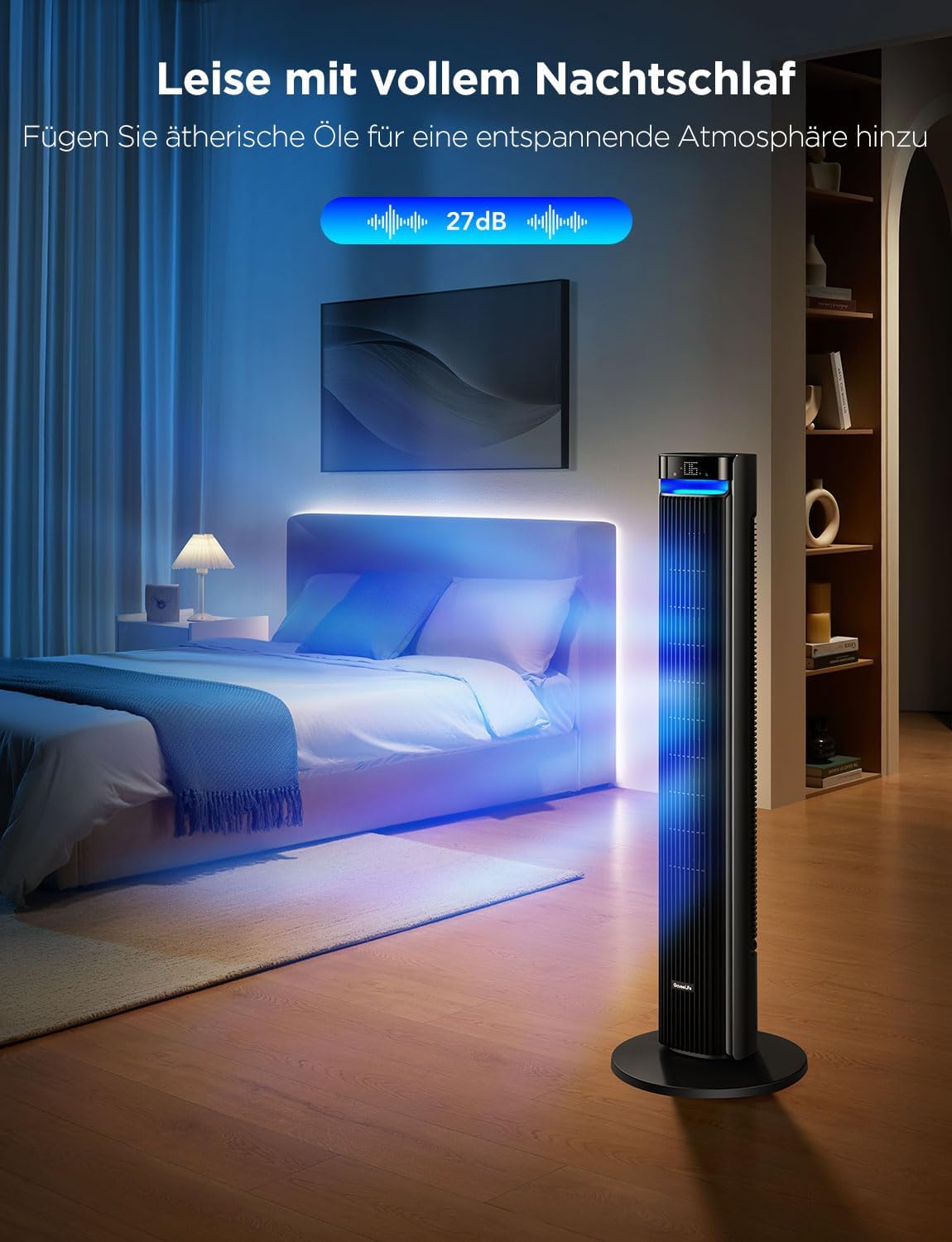 GoveeLife 27 dB leiser Ventilator, 12 Geschwindigkeiten bis zu 8 m/s, 5 Modi, 24-Stunden-Timer, intelligenter Turmventilator mit 150°-Oszillation, APP