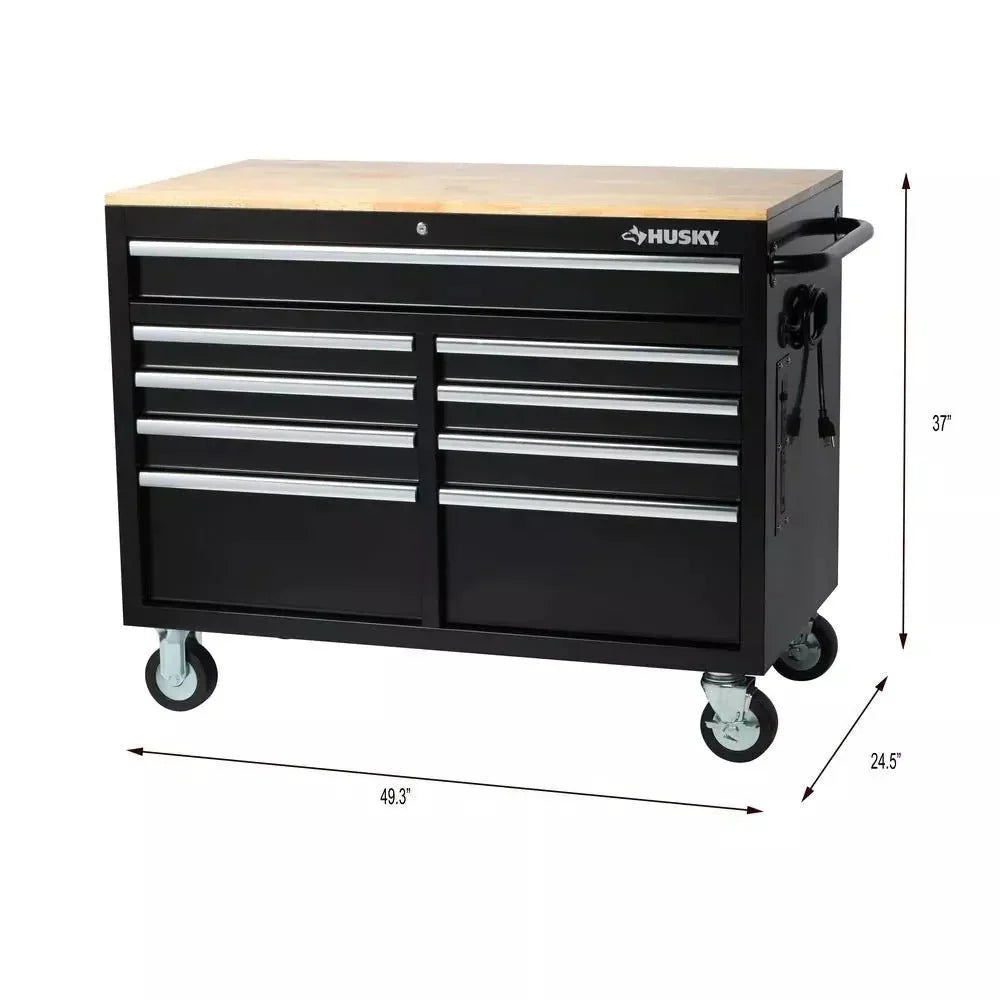 2026 Banco de Trabajo Móvil con Caja de Herramientas de 9 Cajones en Negro Brillante - 46 in. de Ancho x 24 in. de Profundidad
