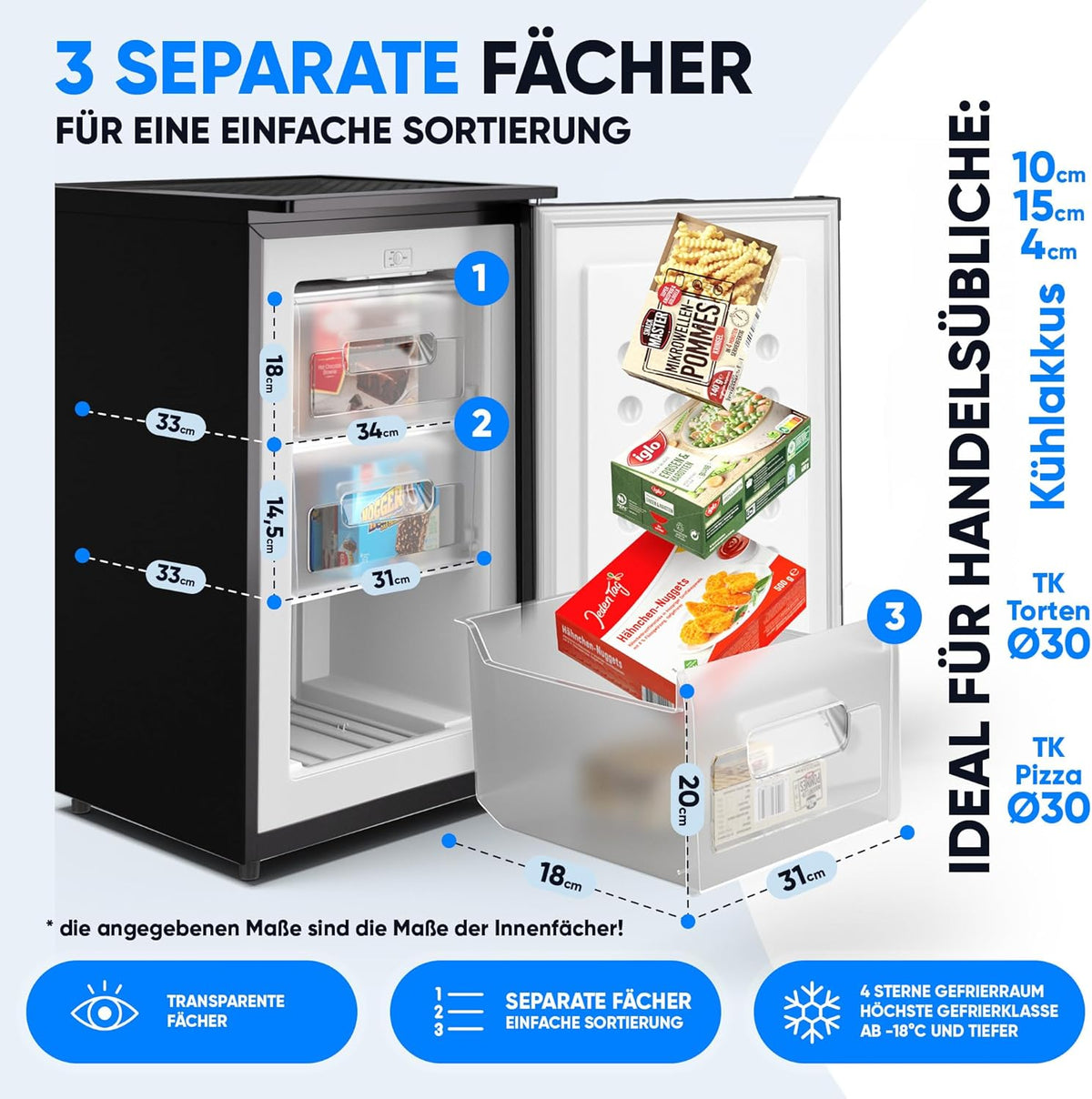 Stillstern Gefrierschrank C (73L) 4-Sterne-Gefrierfach -18°C ger. Energiever. Mini Freezer mit 3 Fächer, stufenlos reg. Temp., kleine Tiefkühltruhe,