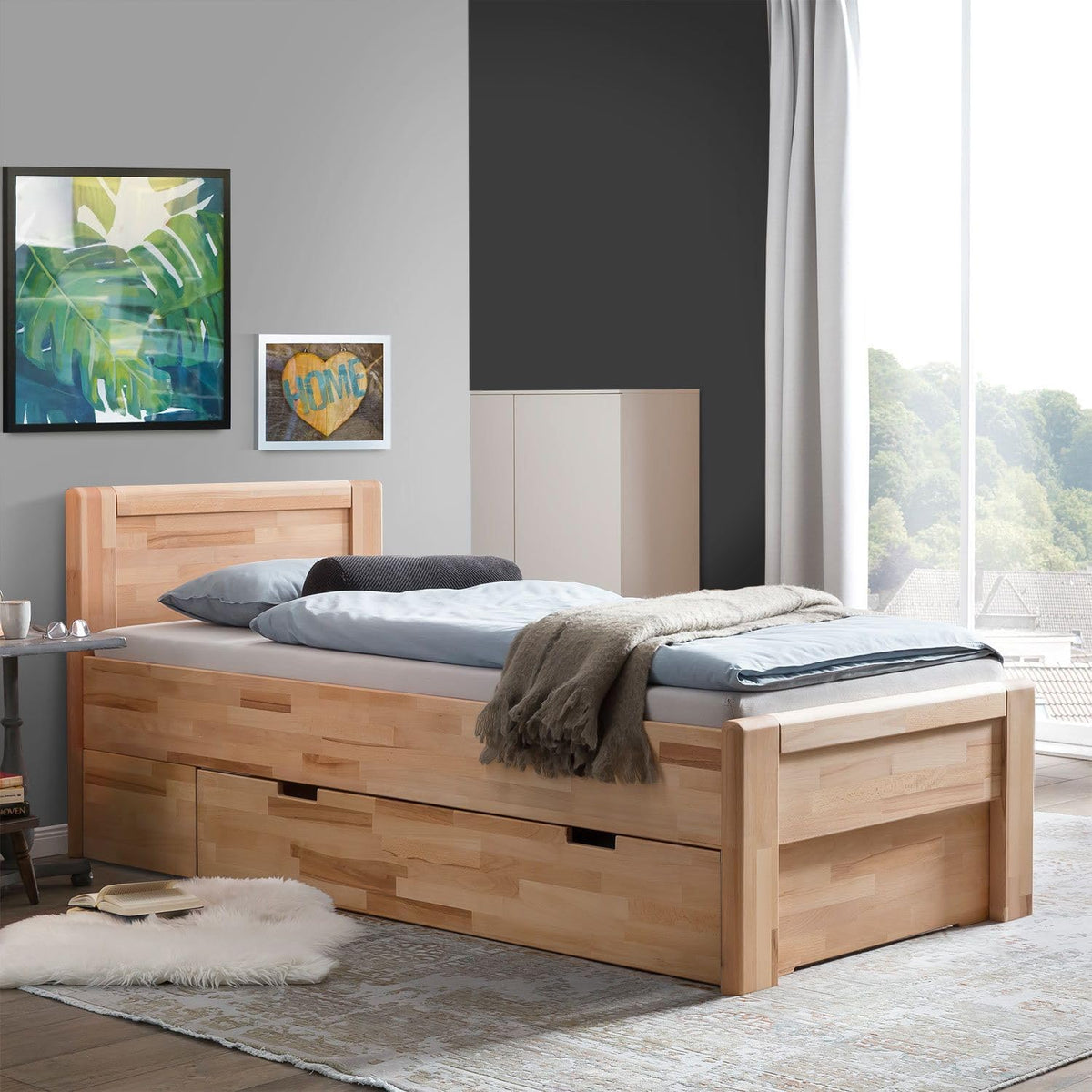 Ewen Seniorenbett Massivholz 90x200 cm mit Schubkasten Komforthöhe aus geölter Kernbuche, Natur, mit Auflageleisten, 48 cm Einstiegshöhe,