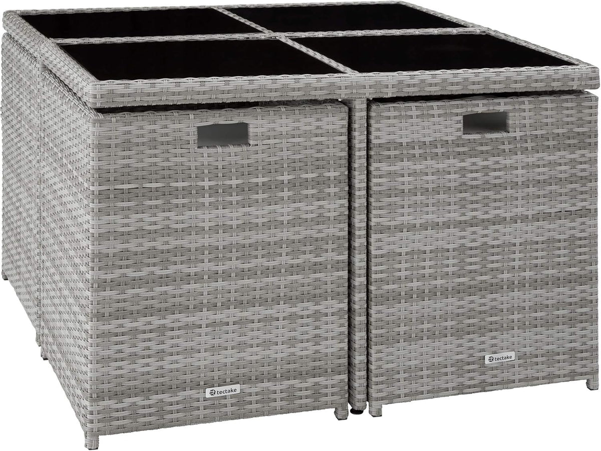 tectake Lounge Möbel Set 4X Stühle, 4X Hocker, 1x Tisch, platzsparende Cube Aufbewahrung, Outdoor Rattan Gartenmöbel für Balkon, Garten und Terrasse,