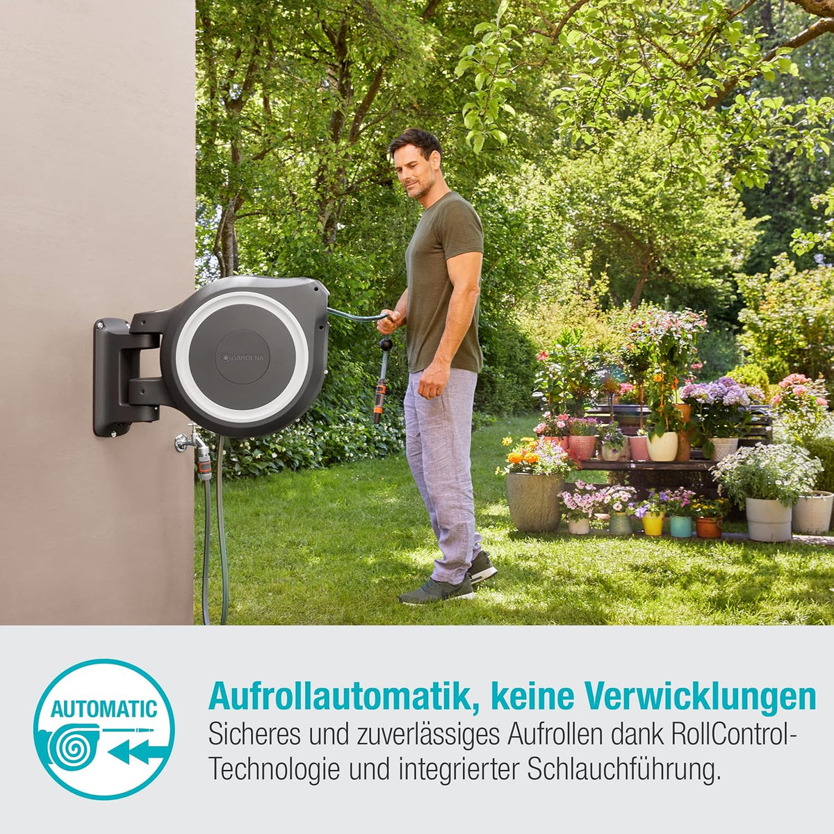 Gardena Wand-Schlauchbox RollUp M/L (weiß) 25 m: flexible Bewässerung für mittelgroße bis große Gärten, Schwenkbare Schlauchbox, inkl. 25 m Gardena