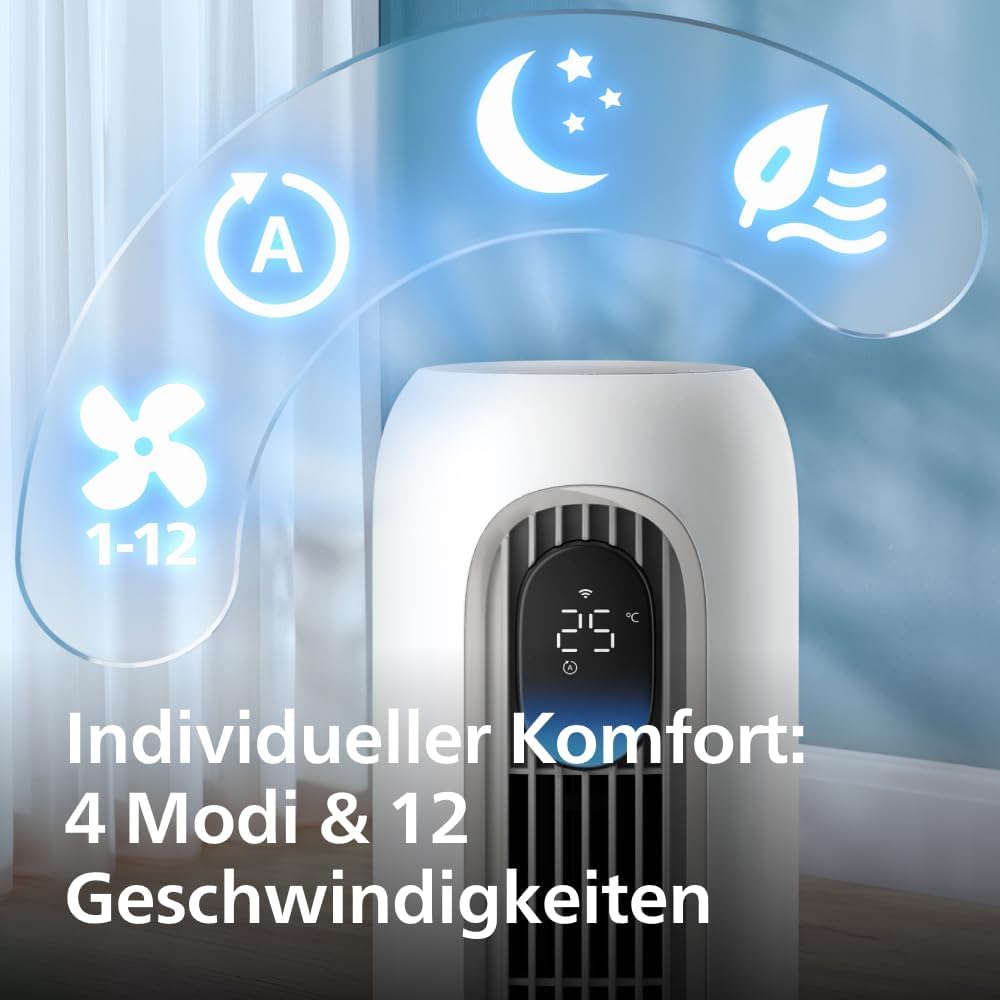 Philips Smarter Turmventilator 7000 Series – 8,4 m/s stark, ultraleise 22 dB, energieeffizient, App & Fernbedienung, Wlan, 12 Stufen, Schlafmodus,