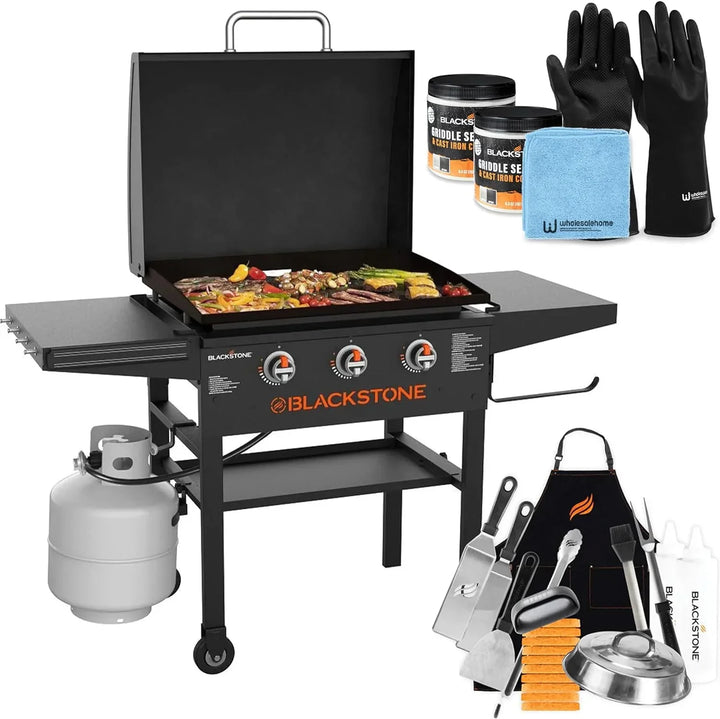 28 Inch Blackstone Griddle 2080 with Hood XL Griddle Original 3-Burner Outdoor Flat Top Grill, with Blackstone Griddle Accessories, Seasoning, and