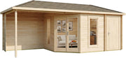 View 5-Eck Gartenhaus Liwa mit Anbau aus Holz in Naturbelassen mit 28mm Wandstärke und Überdachter Terrasse image 4
