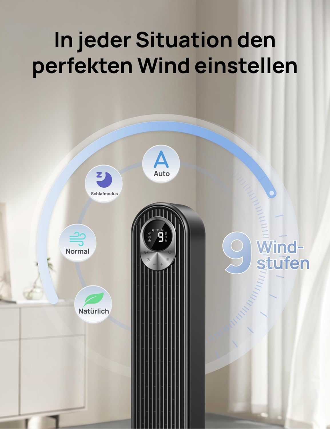 Dreo Smart 20dB DC Motor Turmventilator Leiser, 11M Windentfernung Ventilator mit Fernbedienung,9 Stufen 4 Modi, 90° Oszillierender Standventilator