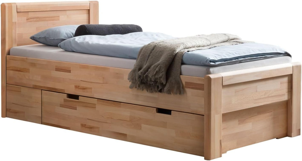 Ewen Seniorenbett Massivholz 90x200 cm mit Schubkasten Komforthöhe aus geölter Kernbuche, Natur, mit Auflageleisten, 48 cm Einstiegshöhe,