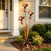 View Flamed Copper Three Calla Lilies Garden Stake with Bells, 28" Handcrafted Outdoor Yard Art image 2