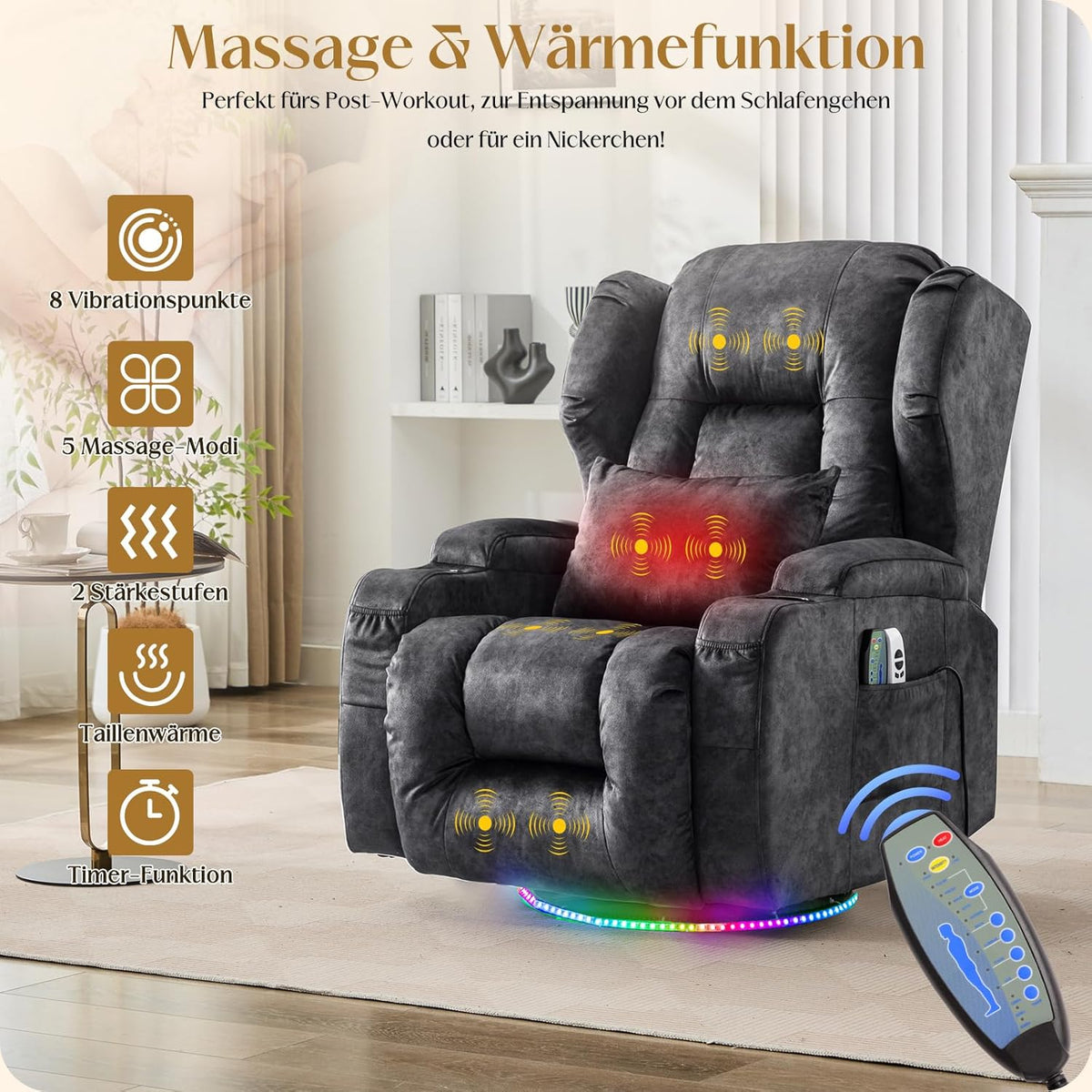 Elektrischer Fernsehsessel Relaxsessel mit Liegefunktion,240°Drehsessel Kinosessel Massagesessel mit Wärmefunktion,TV Sessel Liegesessel fürs