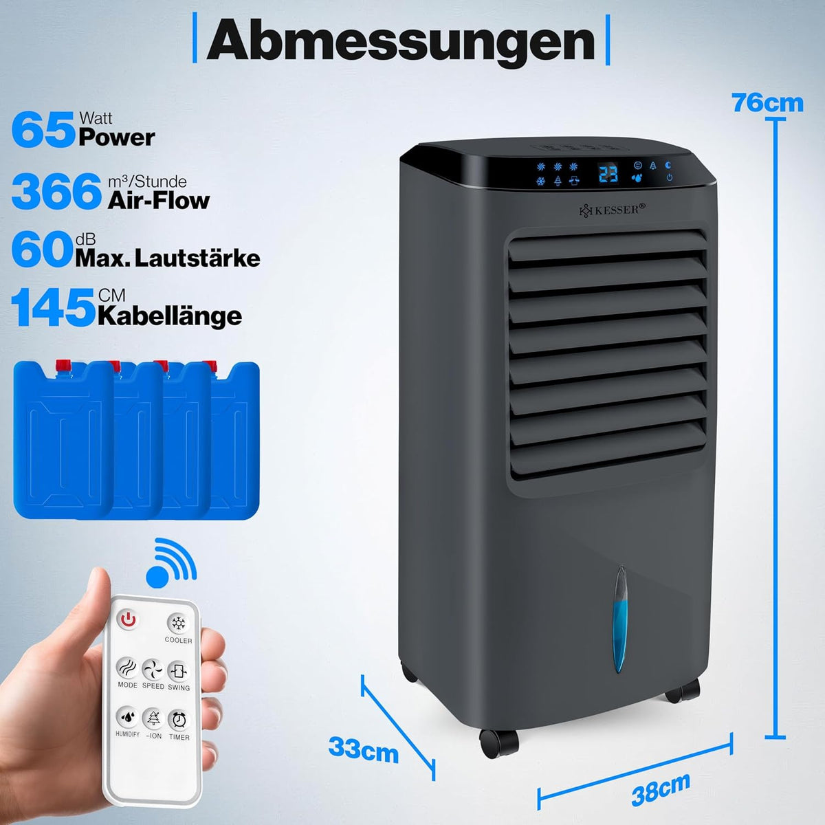 KESSER Mobile Klimaanlage 4in1 Luftkühler – Air Cooler mit Fernbedienung & Timer, 10L Wassertank, Ionisator & Luftbefeuchter, Ventilator Klimagerät