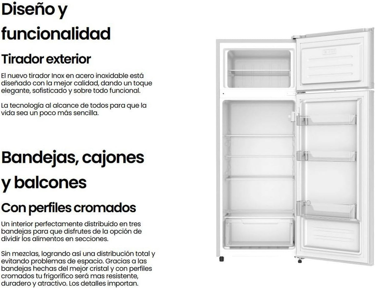 INFINITON Frigorifico Dos Puertas FG-A145B, 200 Litros, 143 cm de Altura, Defrost, LED Interior, E, Diseño con Tirador Integrado, Ancho 55 cm,