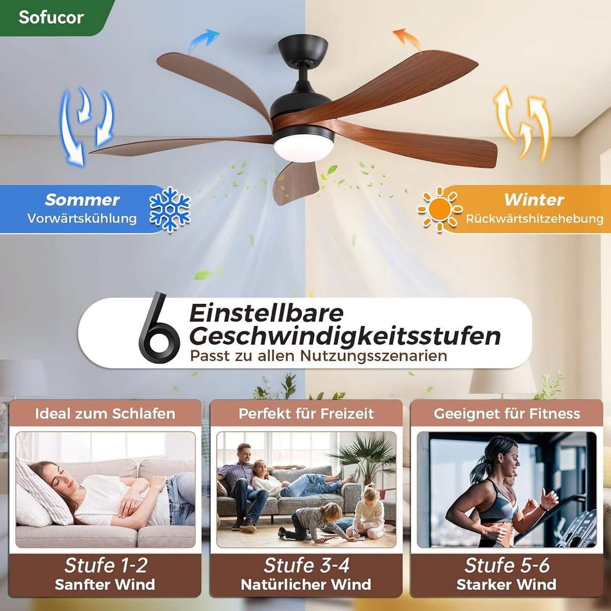 Sofucor Smart Deckenventilator mit Beleuchtung,132cm Deckenventilator mit Licht, Kompatibel mit Alexa/APP, Fernbedienung, 3 Farbtemperatur, Timer, 6