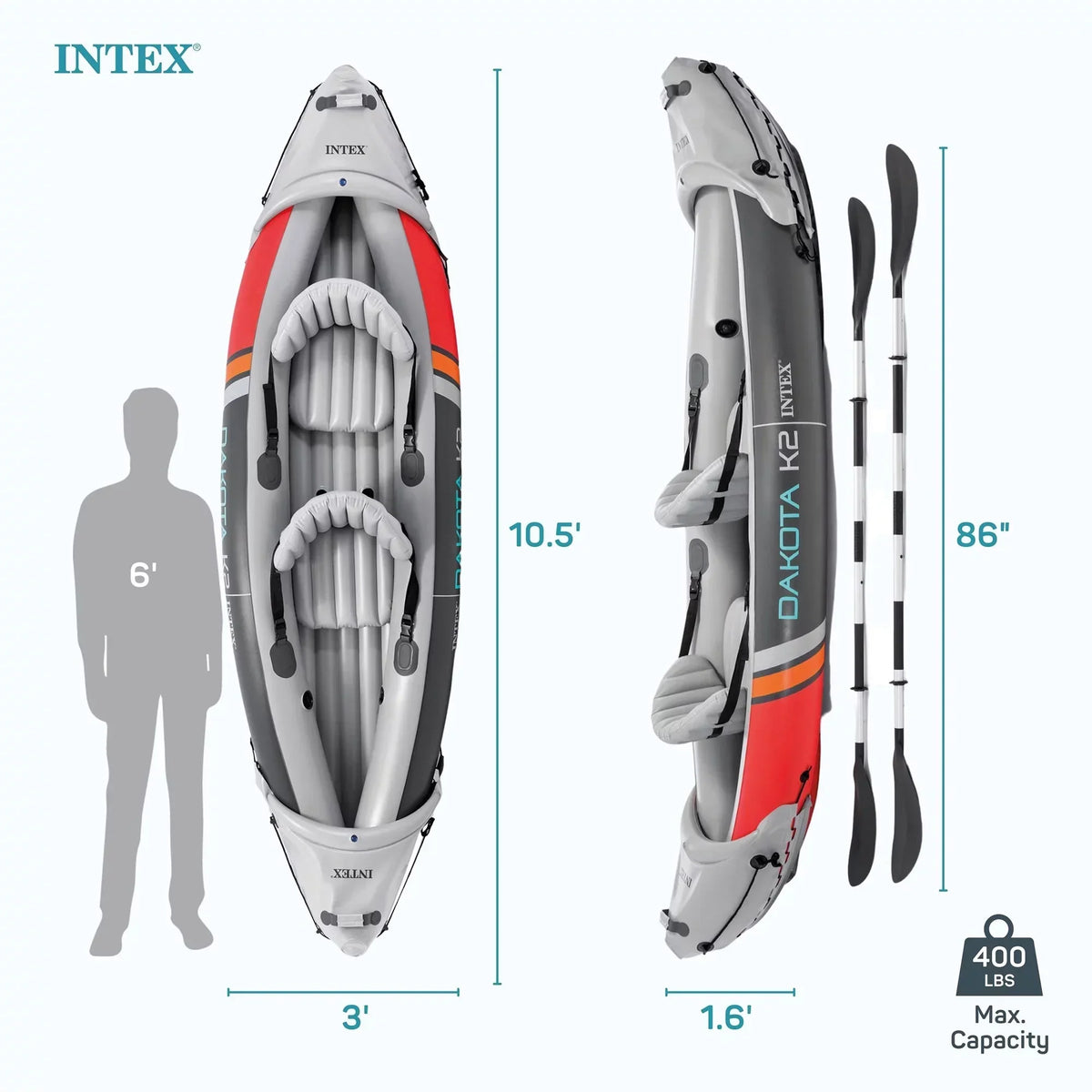 2025 Intex Dakota K2 Kayak inflable de vinilo para 2 personas, con remos y bomba – Caja abierta