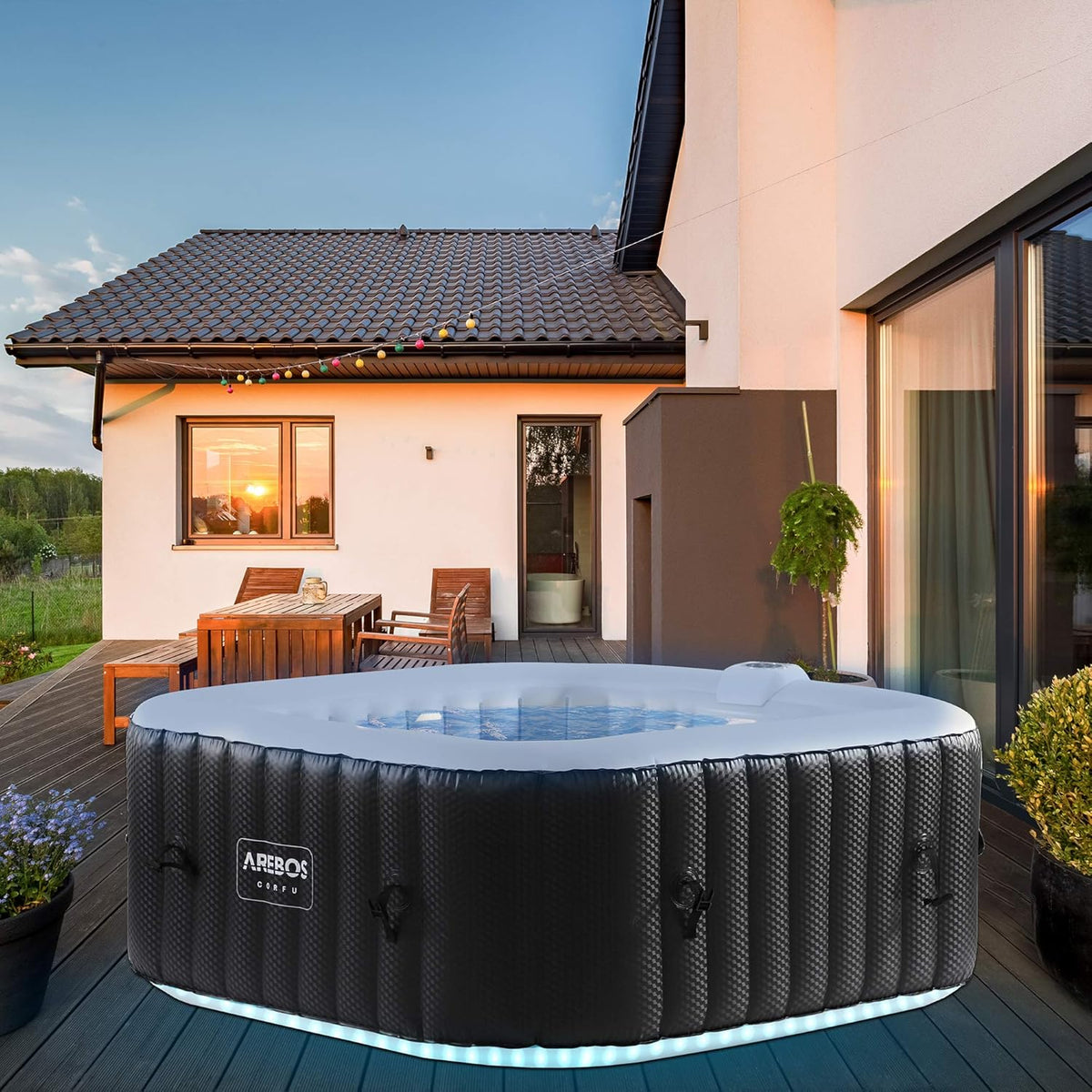 Arebos Whirlpool | 154 x 154 cm | mit LED-Beleuchtung | aufblasbar | quadratisch | In- & Outdoor | 4 Personen | 100 Massagedüsen | mit Heizung | 600 L