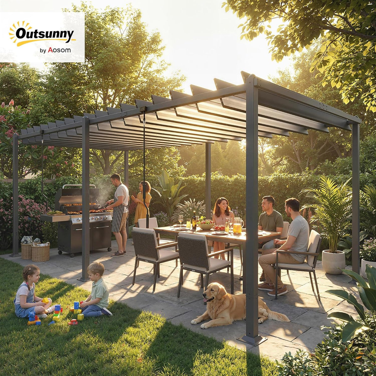 Outsunny Pérgola de Jardín 3x5,7 m, Cenador de Jardín con Techo de Lamas Ajustable a 90°, Manivela, Estructura de Aluminio, Protección UPF50+,