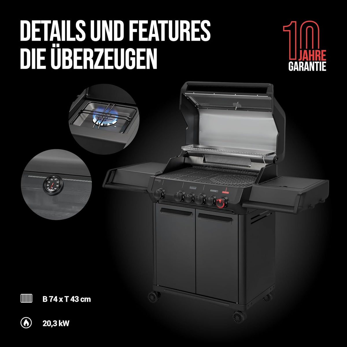 Enders Gasgrill Monroe Pro 4 SIKR Turbo Shadow inkl. Seargrate, 4-Brenner, mit Kocher, Infrarot-Heckbrenner, PanoVision Sichtfenster, Gussrost,