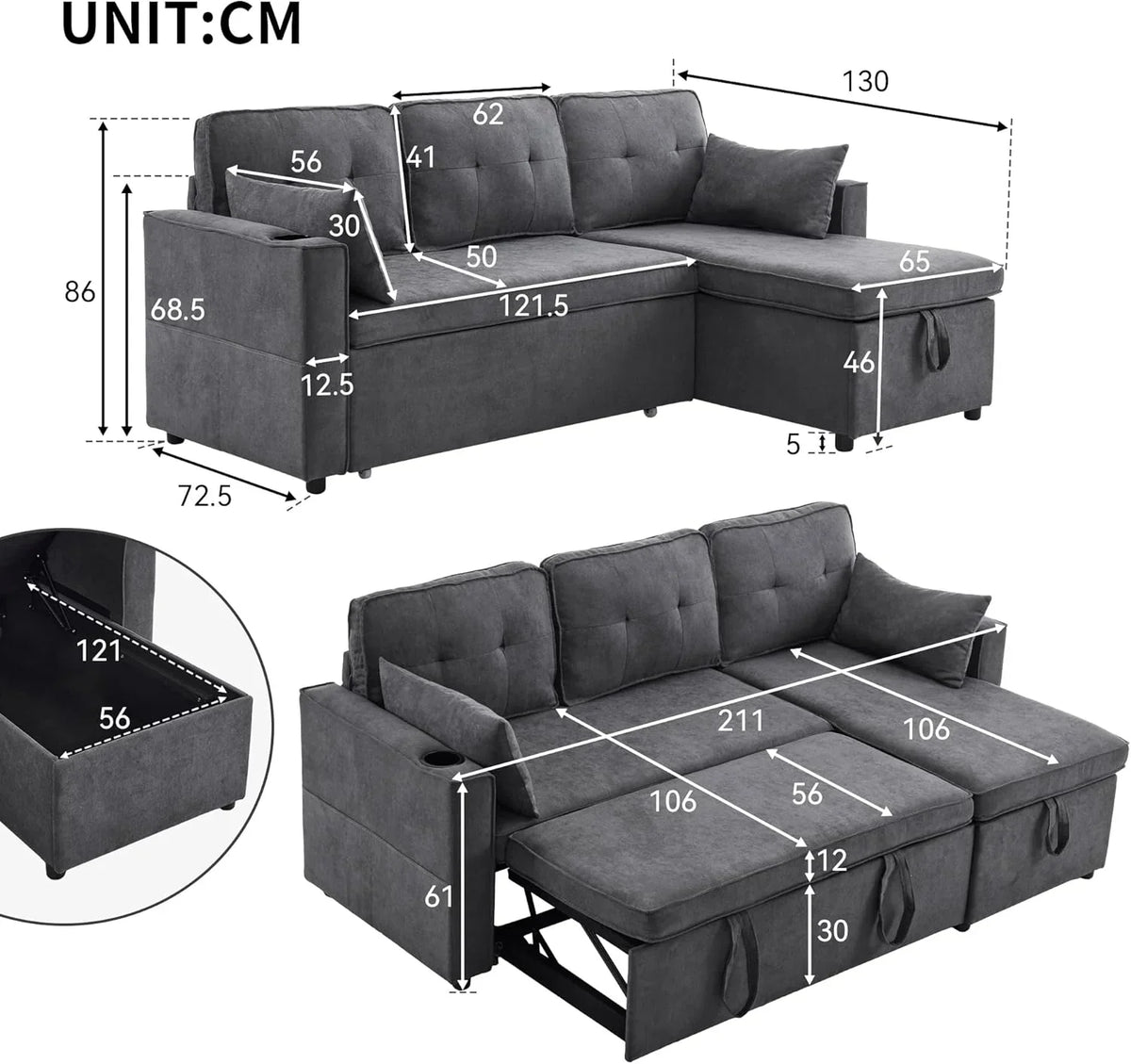 Sofá Cama 3 plazas con Portavasos y Bolsa Pasamanos Lateral, Sofá en Forma de L, Intercambiable a la Derecha y a la Izquierda, Gris