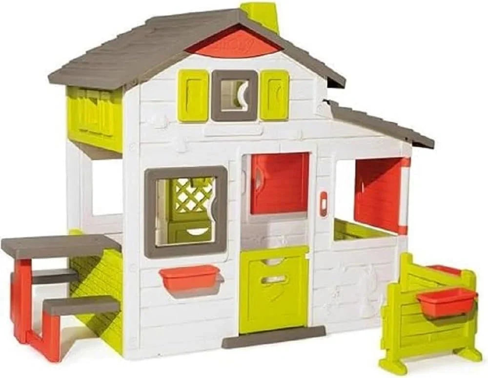 Smoby Life - Casa de Juegos Friends House EVO con 2 Puertas, 6 Ventanas y Mesa de Picnic Extraíble – Fabricada en Material Reciclado, Protección UV,