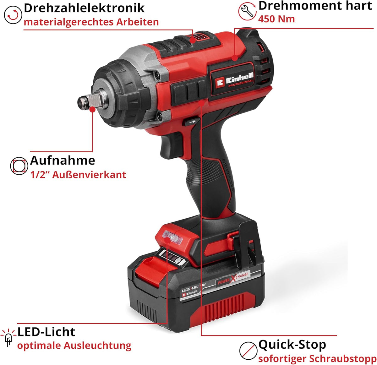Einhell Professional Akku-Schlagschrauber IMPAXXO 18/450 (1x4,0Ah) Power X-Change (18 V, 450 Nm, Brushless, Außenvierkant-Aufnahme, inkl. 4 Ah Akku,