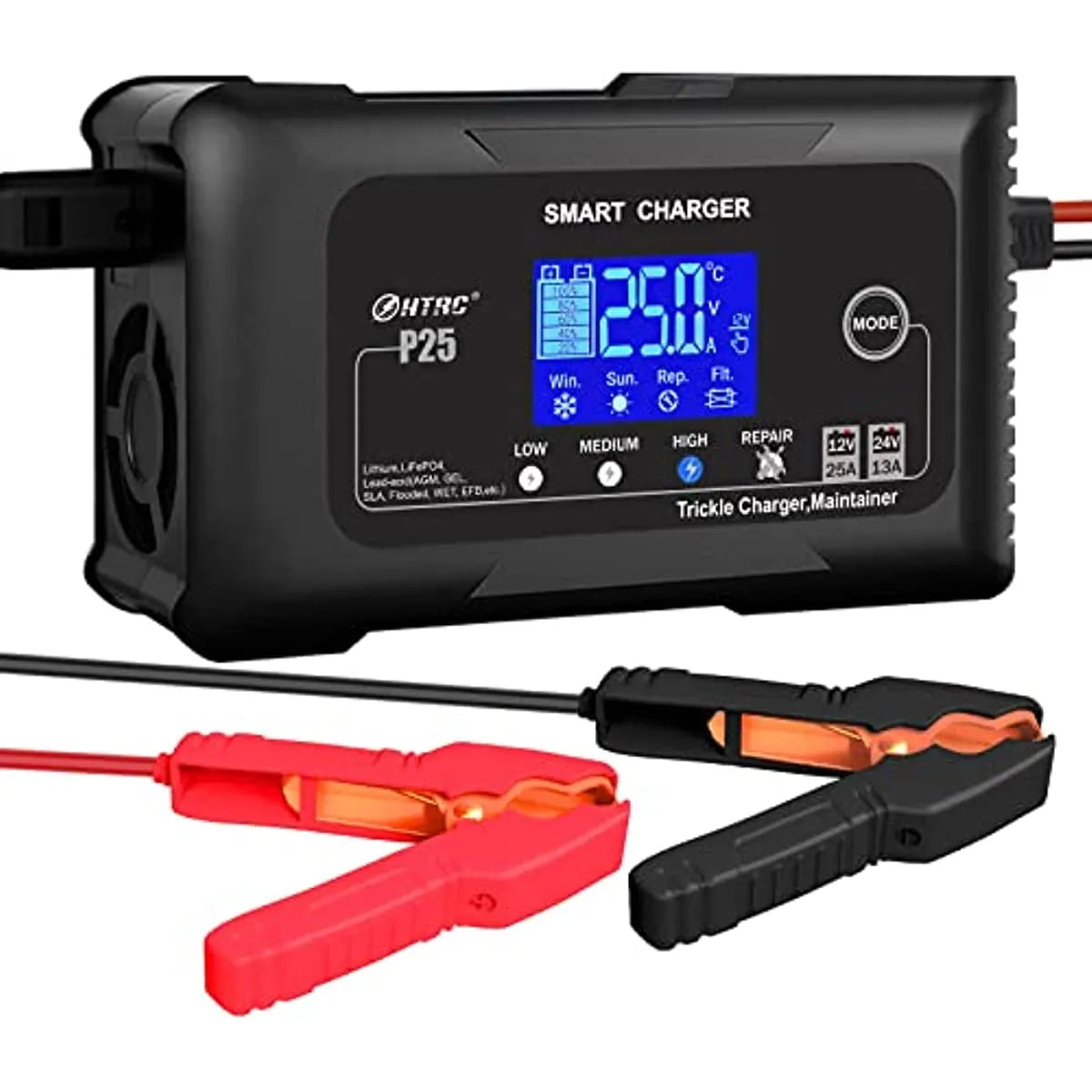 25-Amp Smart Battery Charger,Lithium,LiFePO4,Lead-Acid AGM/Gel/SLA.. Car Battery Charger,Trickle Charger, Maintainer/deep Cycle Charger,12V/25A and