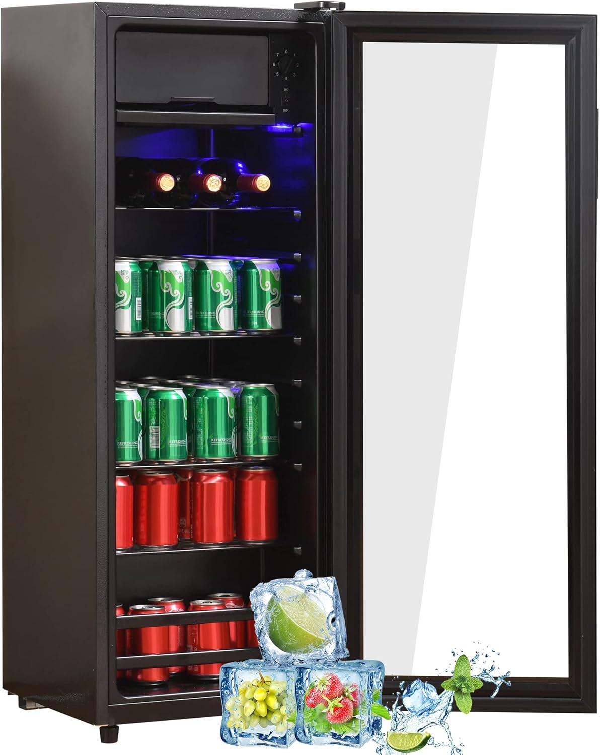 Merax Kühlschrank 128L, Freistehend Getränkekühler mit 120L-Kühlschrank + 8L-Gefrierschrank, mit LED-Innenbeleuchtung und Verstellbare Einlegeböden,