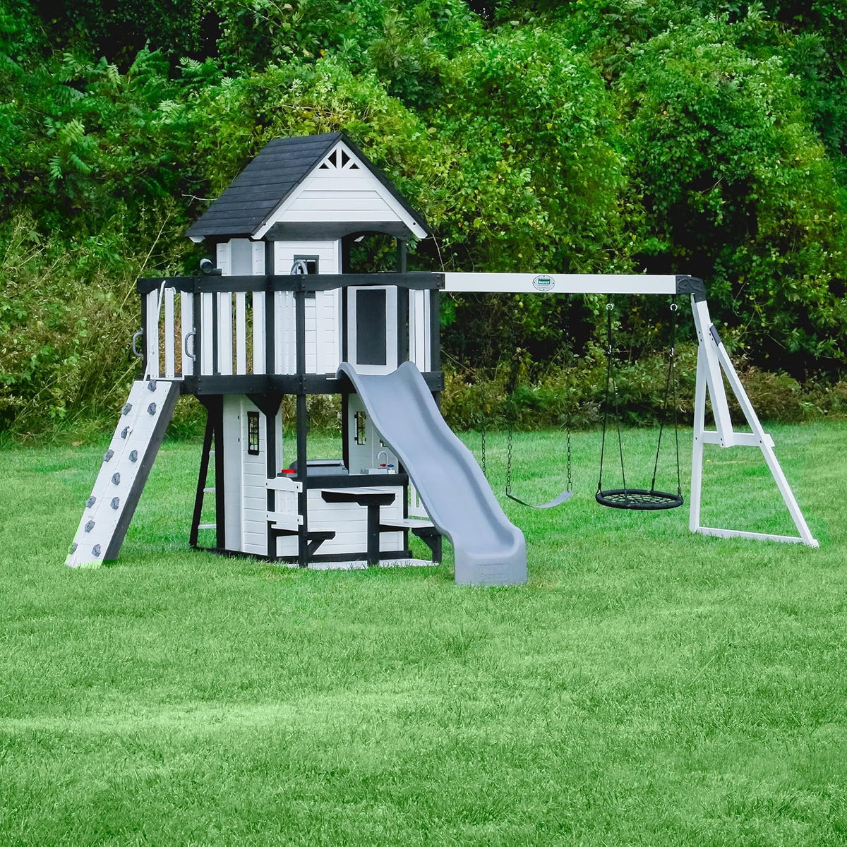 Backyard Discovery Canyon Creek Cedar Wood Swing Set with Wave Slide, Clubhouse, Play Kitchen, Picnic Area, Belt Swings, Web Swing, Rock Wall,