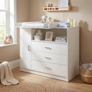 View ecomi Cómoda Cambiador para bebé en Madera con Plan de Cambiar, 3 cajones, 1 puerta, Altura 100 cm, Color Blanco, Dimensiones 113x100 cm, tiradores image 1