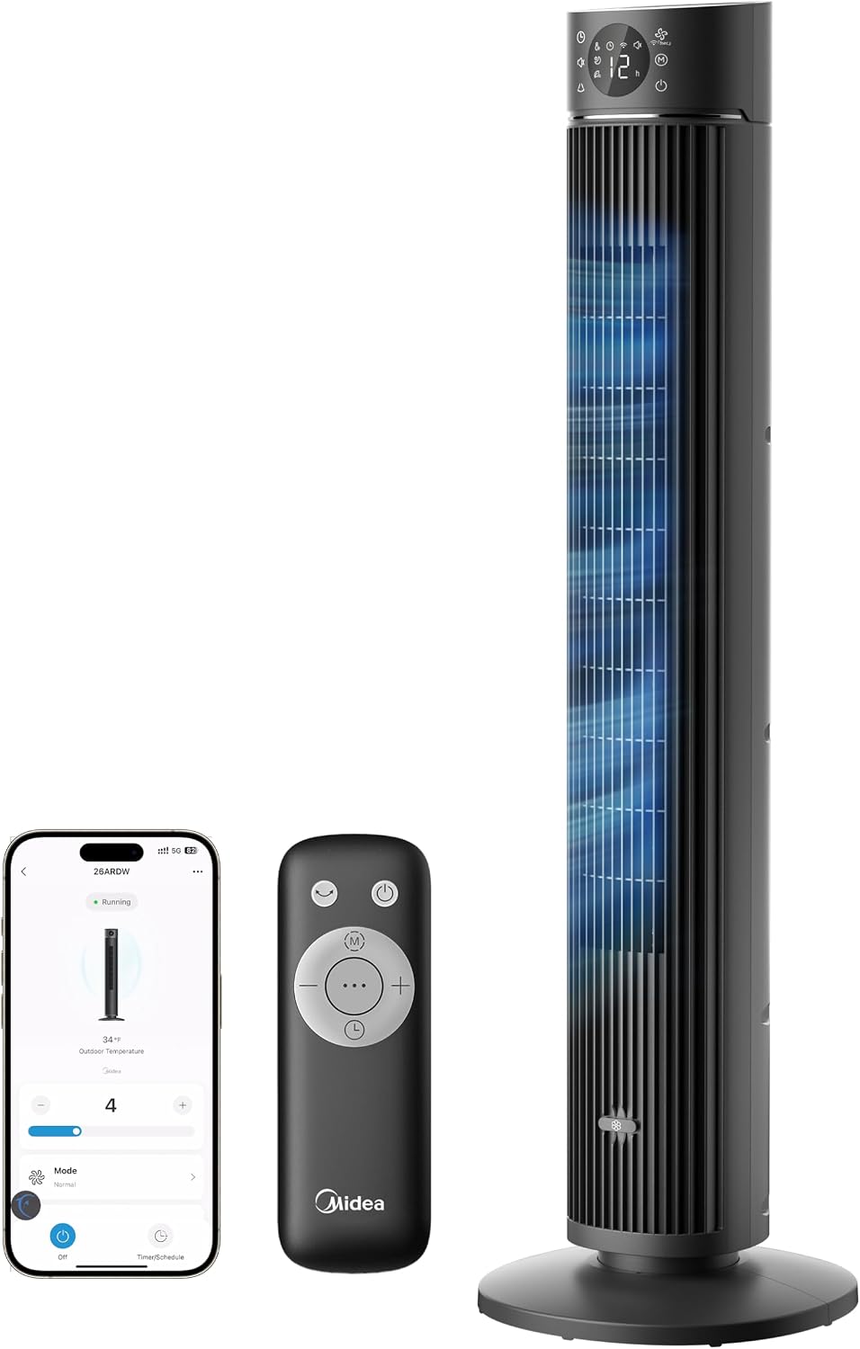 Midea FZ10-26ARDW Smart Leiser Turmventilator mit Fernbedienung, 19 dB Flüsterleise, DC-Motor, 4 Modi & 12 Stufen, 24h Timer, App-Steuerung für