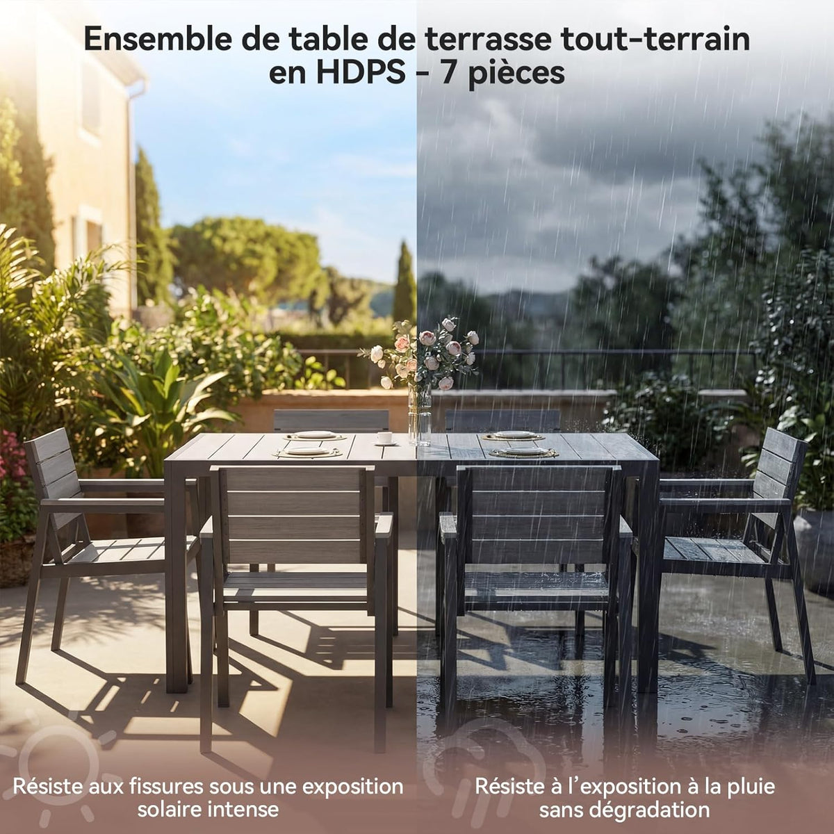 Devoko HDPS Conjunto de jardín de exterior de 7 piezas, resistente a la intemperie,con mesa de 150 cm y 6 sillas de jardín de exterior de aluminio,