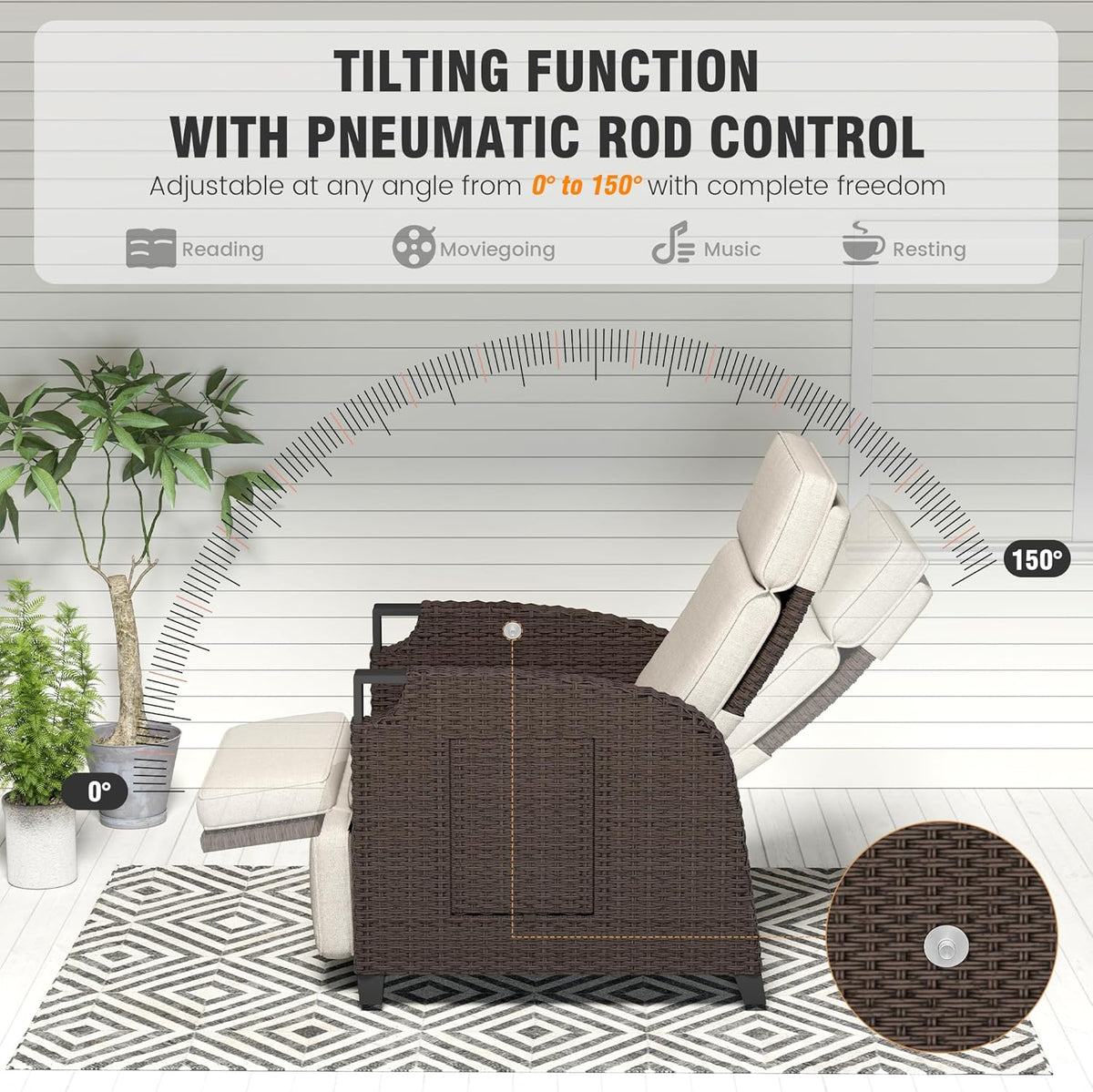 Amopatio Relaxliege Liegesessel, Rattan Sonnenliege mit Verstellbar Rückenlehne und Klapptisch, Outdoor Gartensessel wetterfestes, für Terrasse,