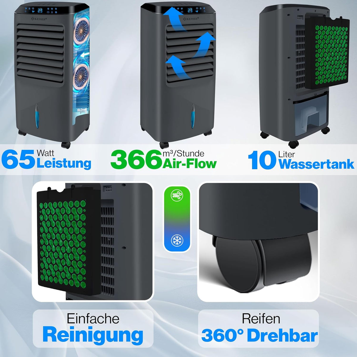 KESSER Mobile Klimaanlage 4in1 Luftkühler – Air Cooler mit Fernbedienung & Timer, 10L Wassertank, Ionisator & Luftbefeuchter, Ventilator Klimagerät