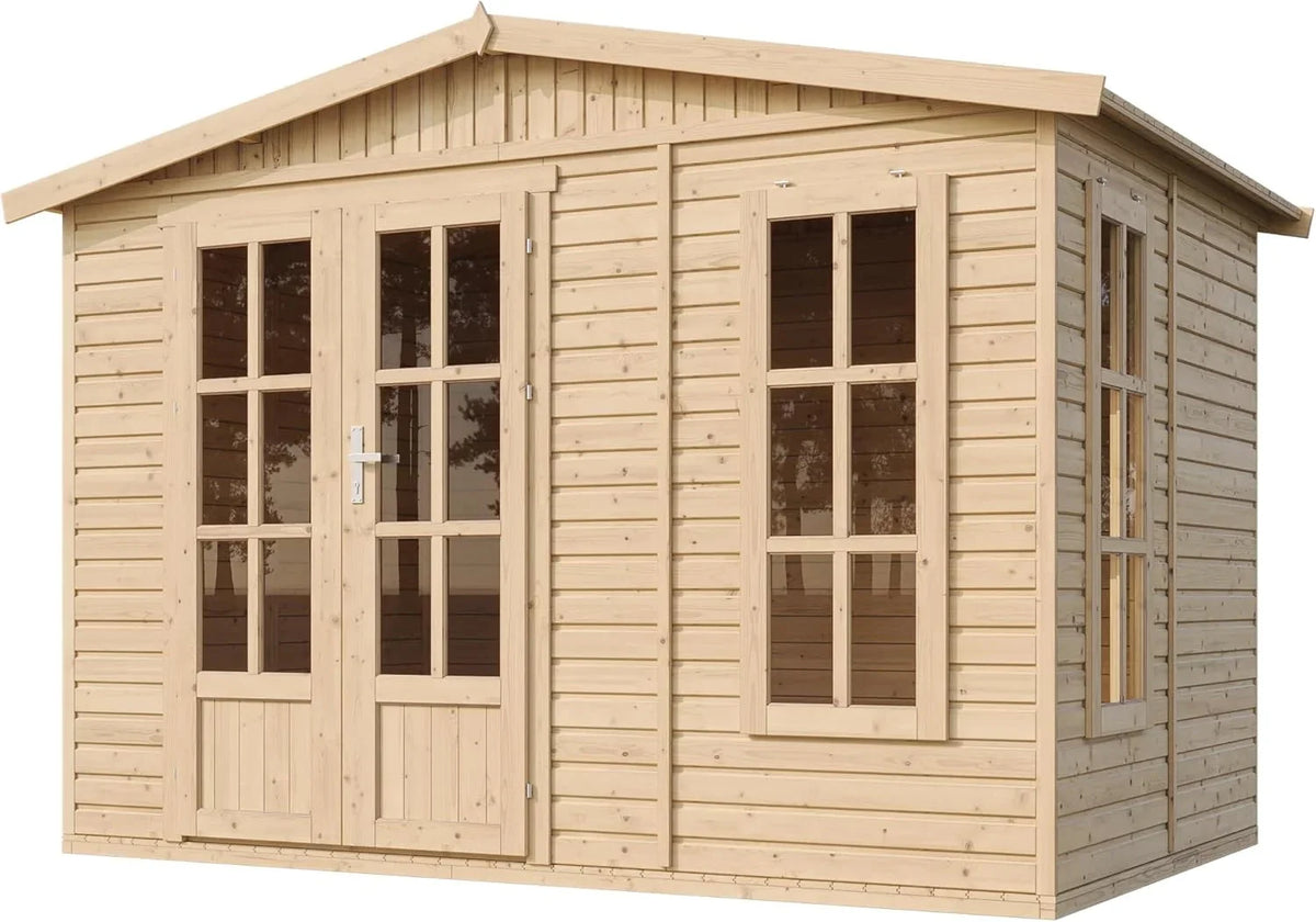 TIMBELA Caseta de jardín de Madera de 6 m2 - Cobertizo Jardin Exterior con Suelo, Ventana, Puerta Doble - Cabaña de jardín para Trabajar en casa - con