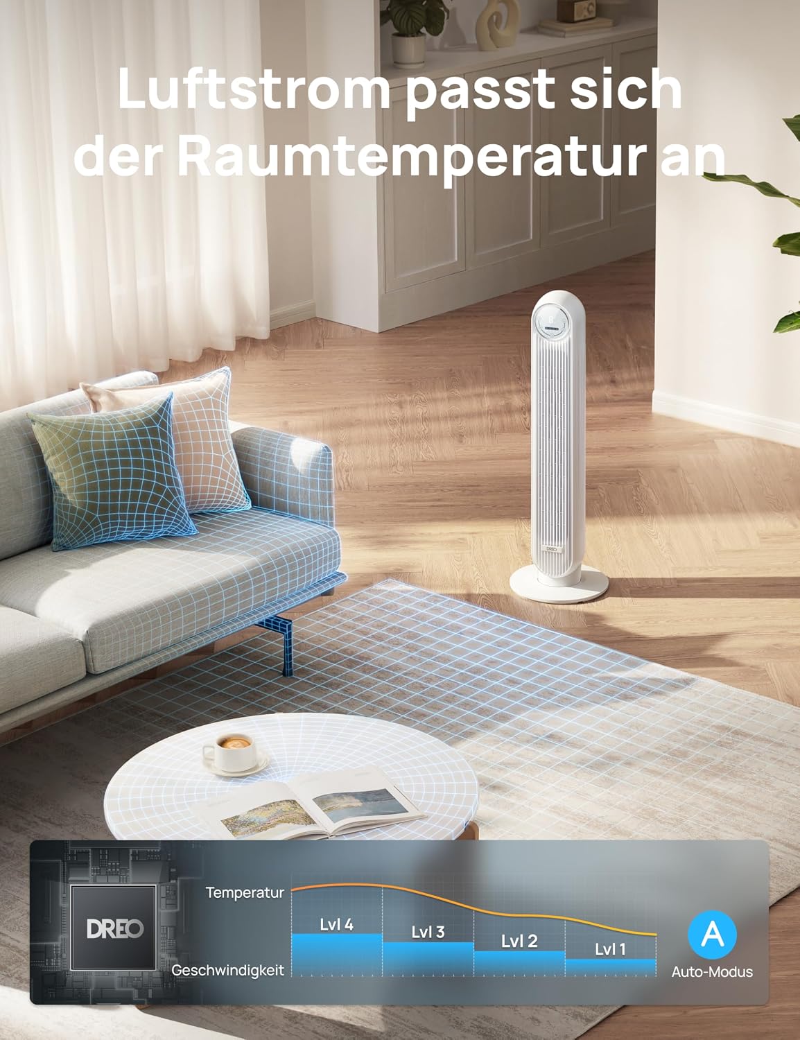 Dreo Smart 20dB Leiser Turmventilator, 10 m Wurfweite 4 Geschwindigstufen 4 Modi 8 Std. Timer 90° oszillierende Ventilator mit Kühlung WLAN &