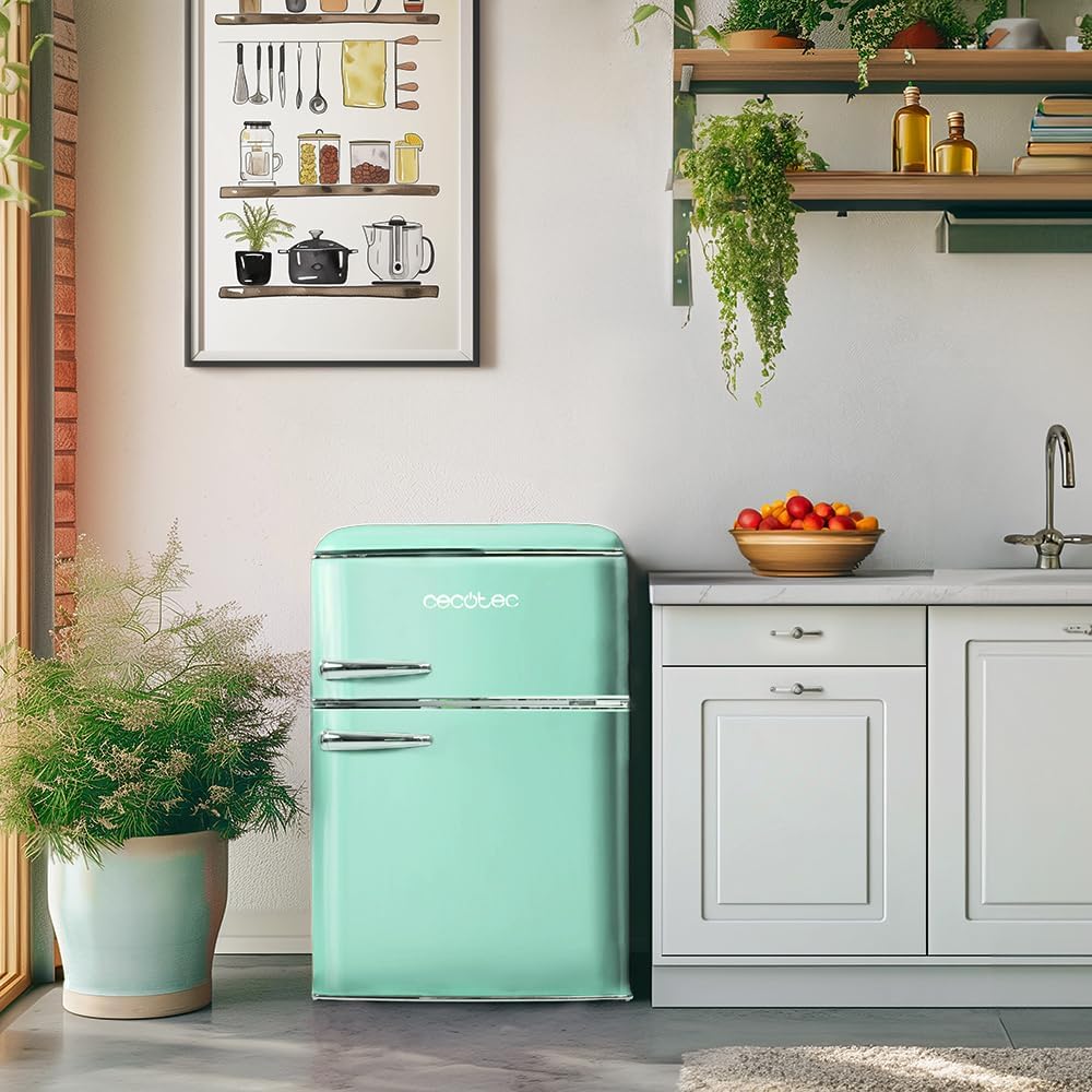 Cecotec Nevera Pequeña - Frigorífico 2 Puertas - Retro 86L - Bolero CoolMarket 2D Origin 86 Green E. 89,3cm de Alto y 48,7cm de Ancho, Clase