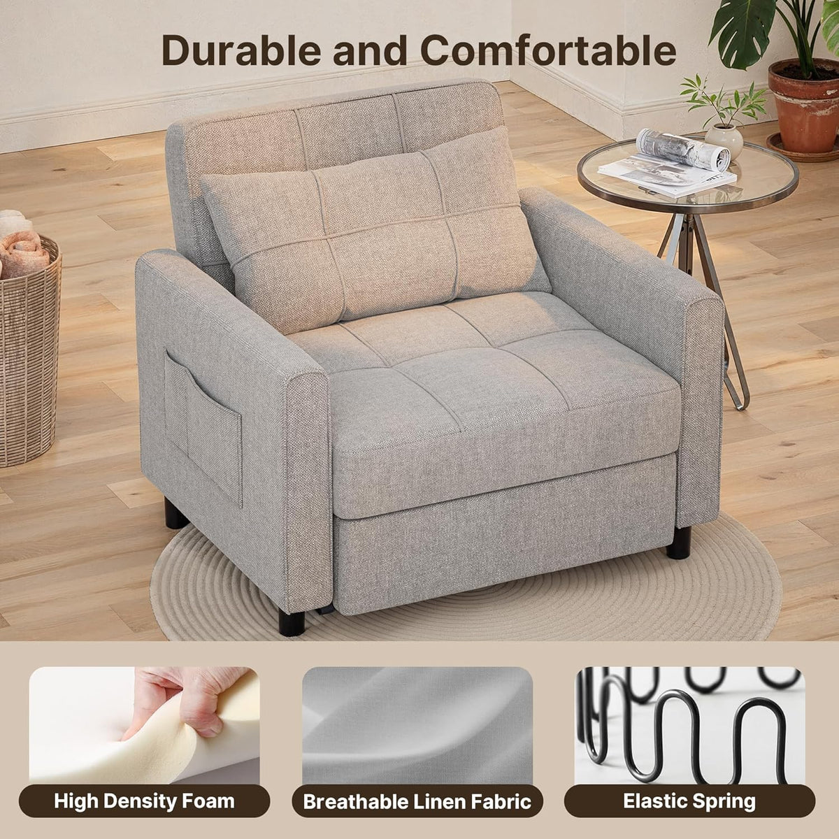 Gizoon Sofá cama 3 en 1 convertible, silla cama individual extraíble con respaldo ajustable, espaciosos sofás multifuncionales para sala de estar,