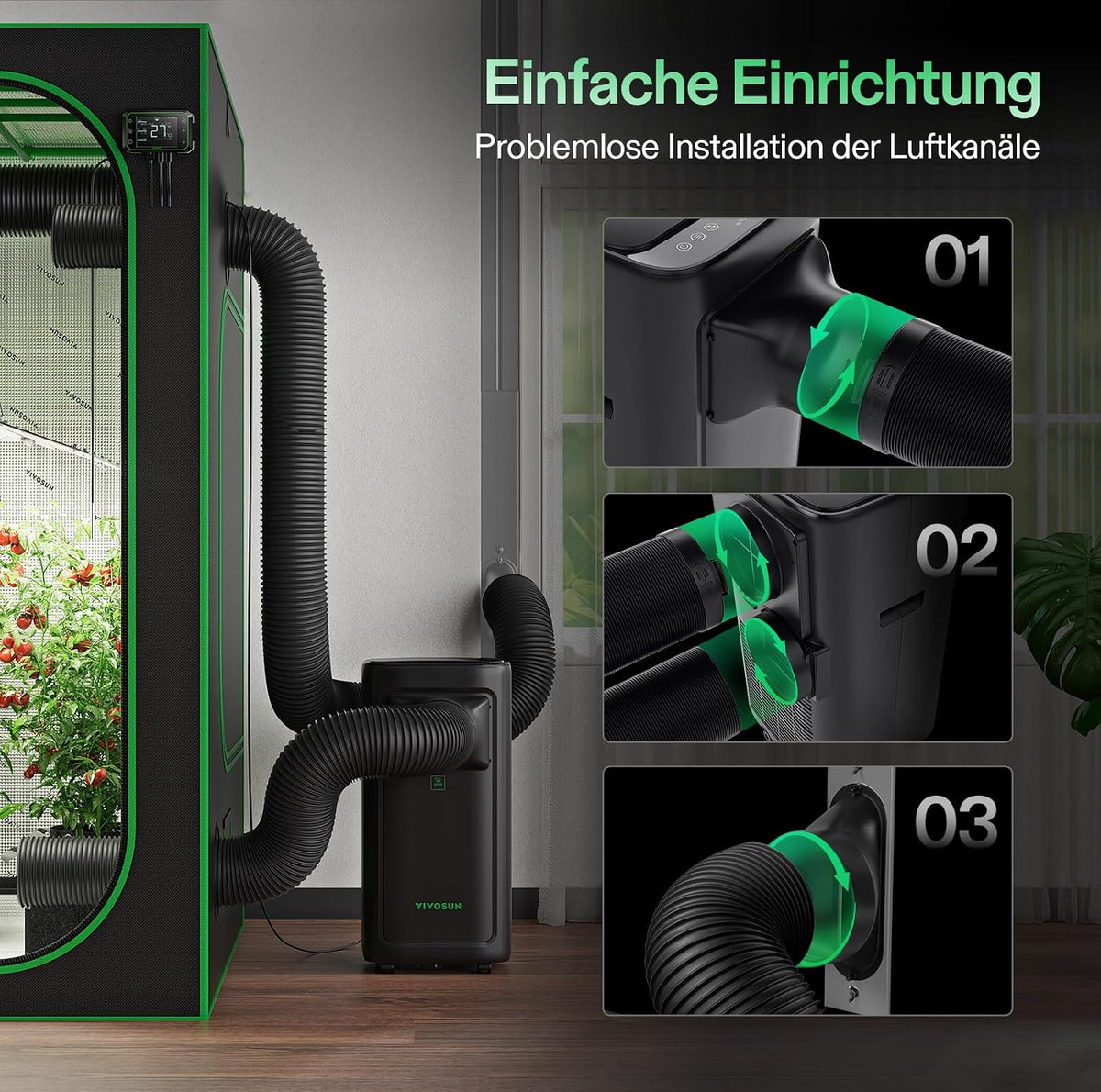 VIVOSUN Smart Klimaanlage, 7000 BTU, 4-in-1 Funktion mit Temperatur- & Feuchtigkeitssensor, Intelligente Fernbedienung, Ideal für Growzelte und