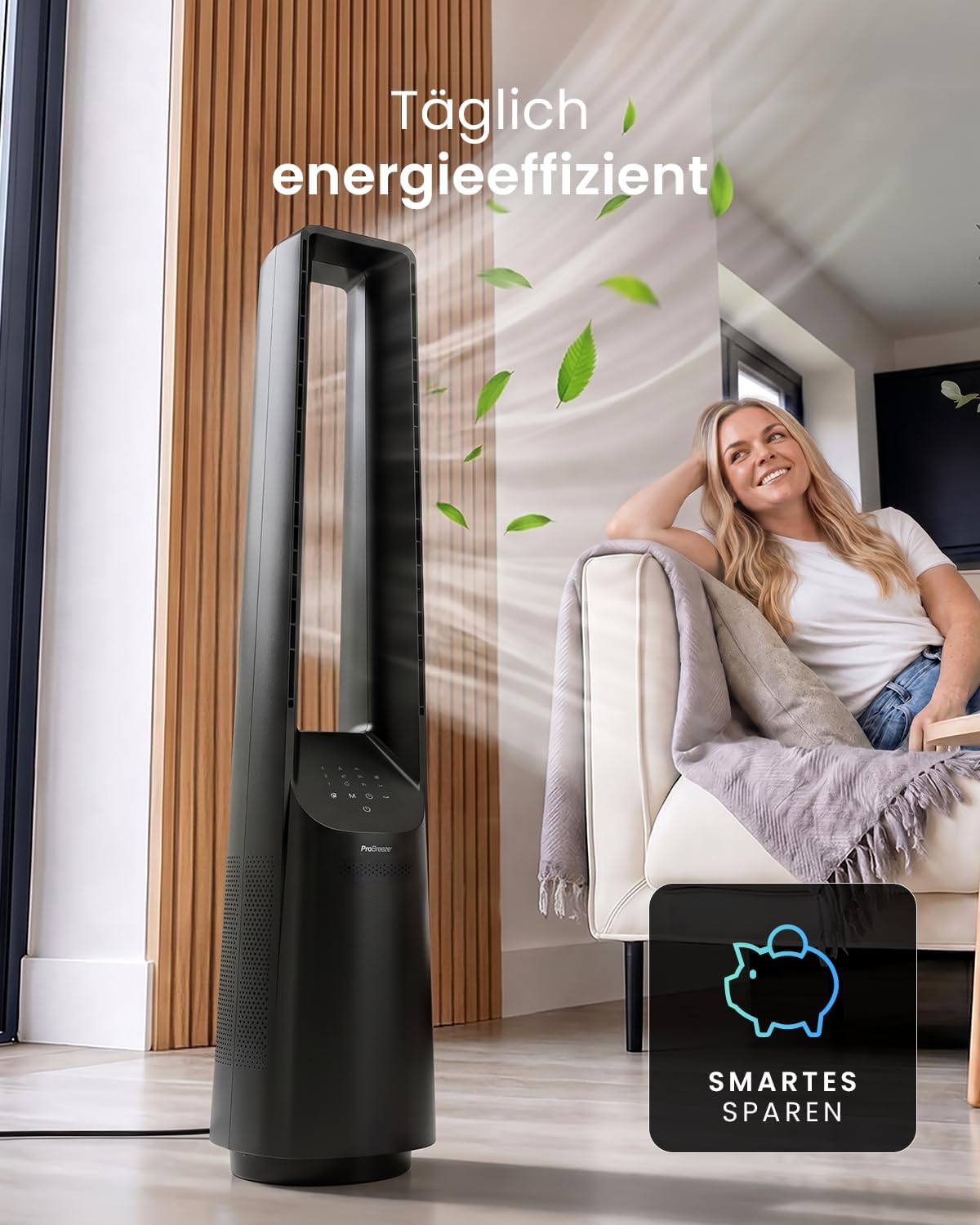 Pro Breeze 101cm rotorloser Ventilator - Smart Home Ventilator mit WLAN, Fernbedienung, LED Display, 6 Geschwindigkeiten - Turmventilator sehr leise,