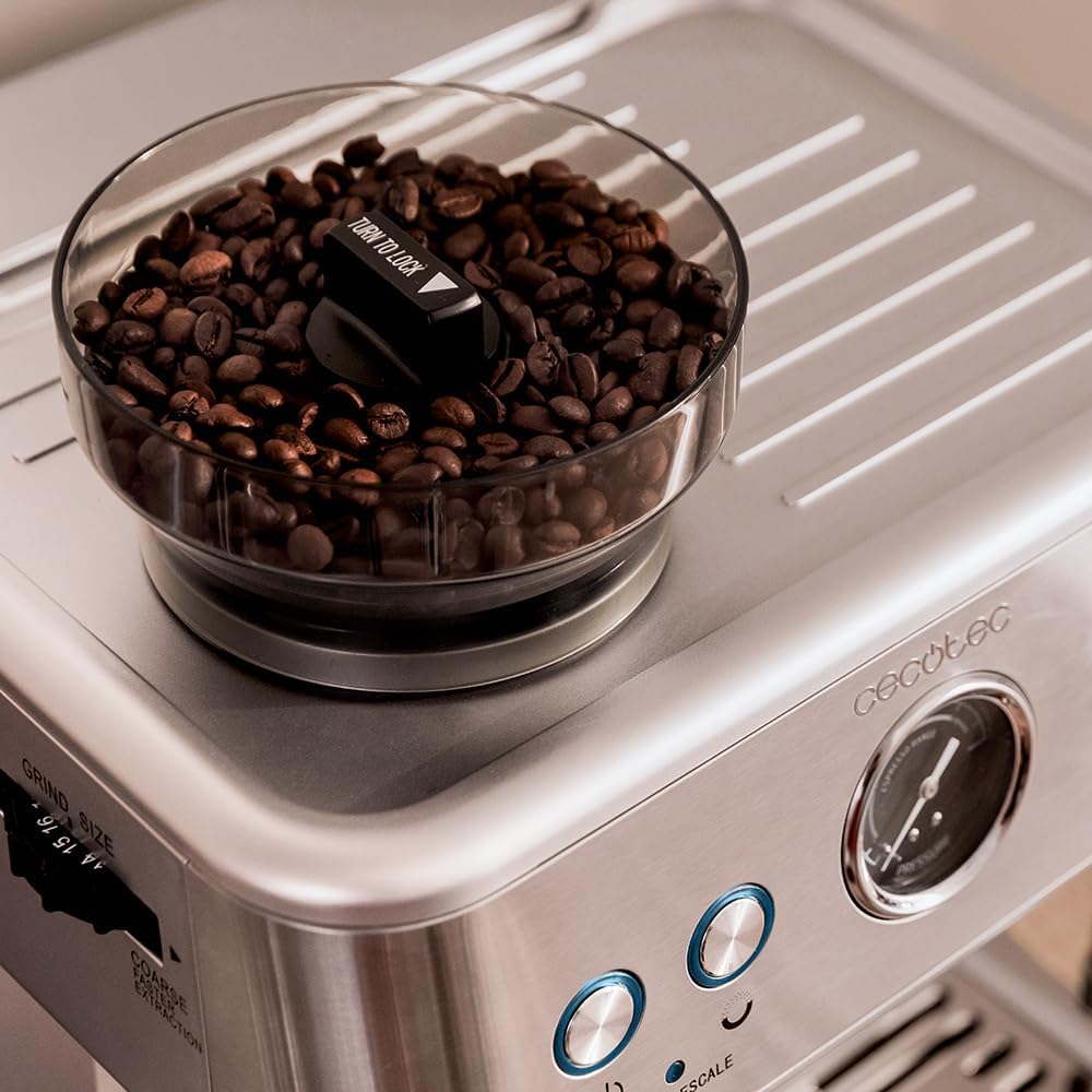 Cecotec Cafetera Express Barista Power Espresso 20 Barista. 2250W, 20 Bares, Manometro y 2 Thermoblocks, Depósito de Café en Grano, Molinillo con 20
