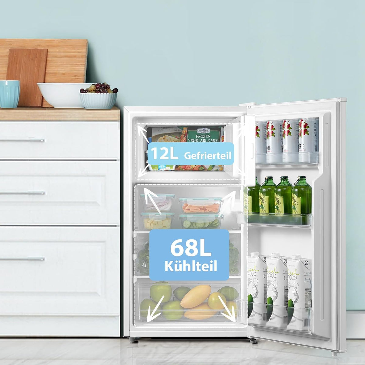 Comfee RCD80WH3(E) Kühlschrank mit Gefrierfach, 80L Kleiner Kühlschrank, Obst- und Gemüsefach, 84.5 cm Höhe, 47.5 cm Breite, 110 kWh pro Jahr,