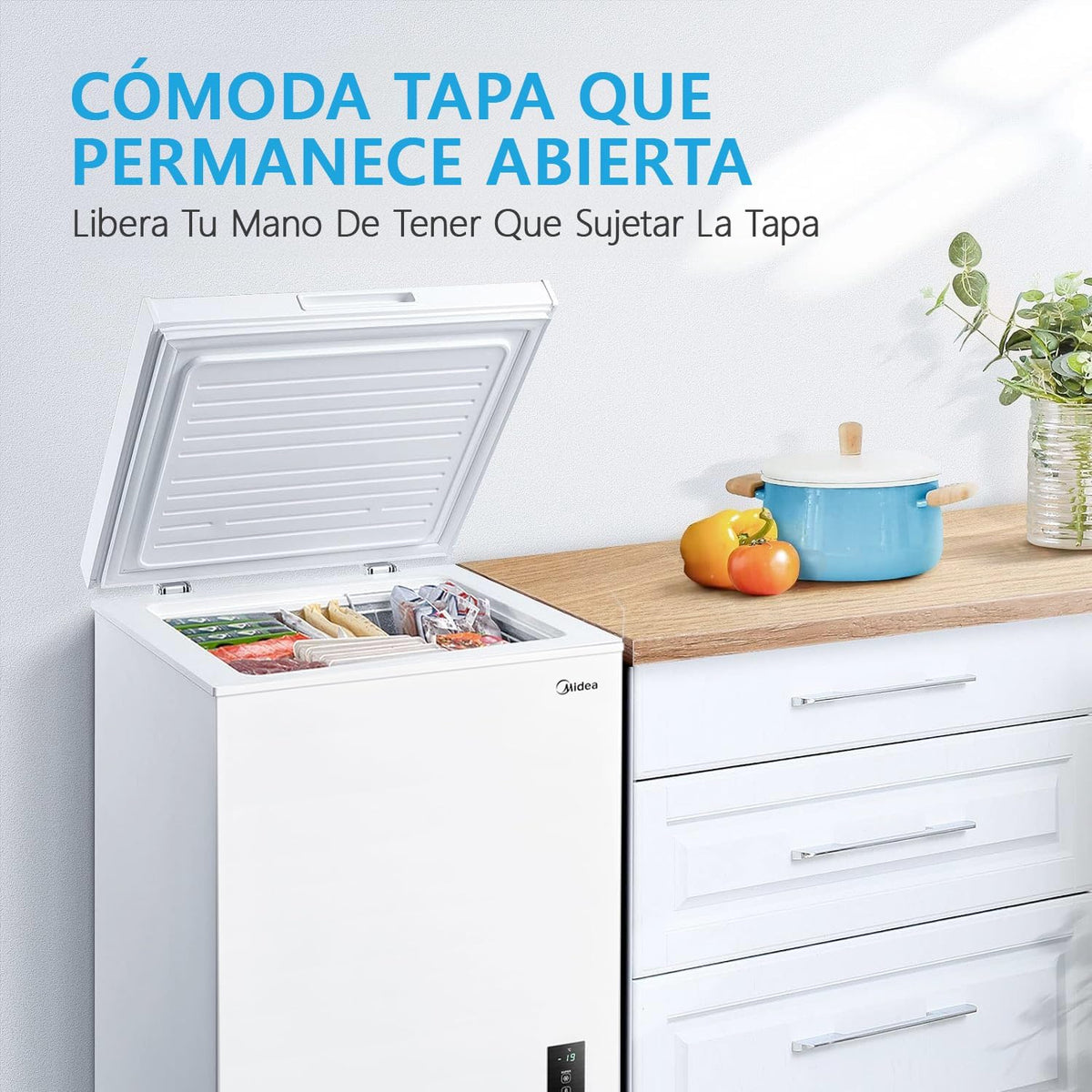 MIDEA Arcon Congelador Pequeño Horizontal de 99L, Motor Inverter, Control Electrónico de Temperatura, Tecnologia D-TYPE Tube, Cestas con Asa, Easy